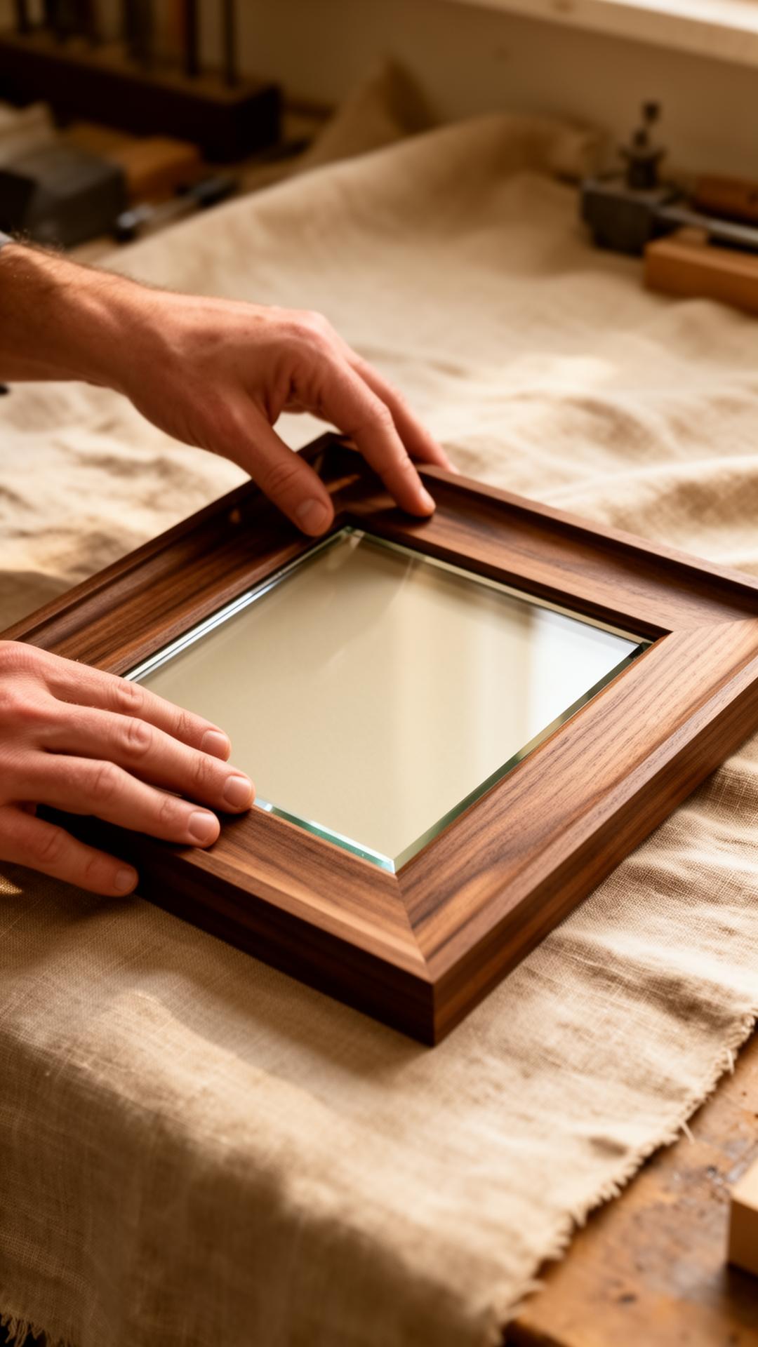 A craftsman's hands placing museum glass into a walnut frame.