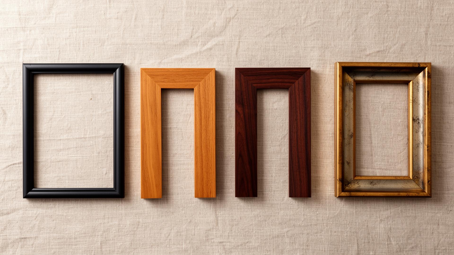 Four picture frame corner samples in different finishes.